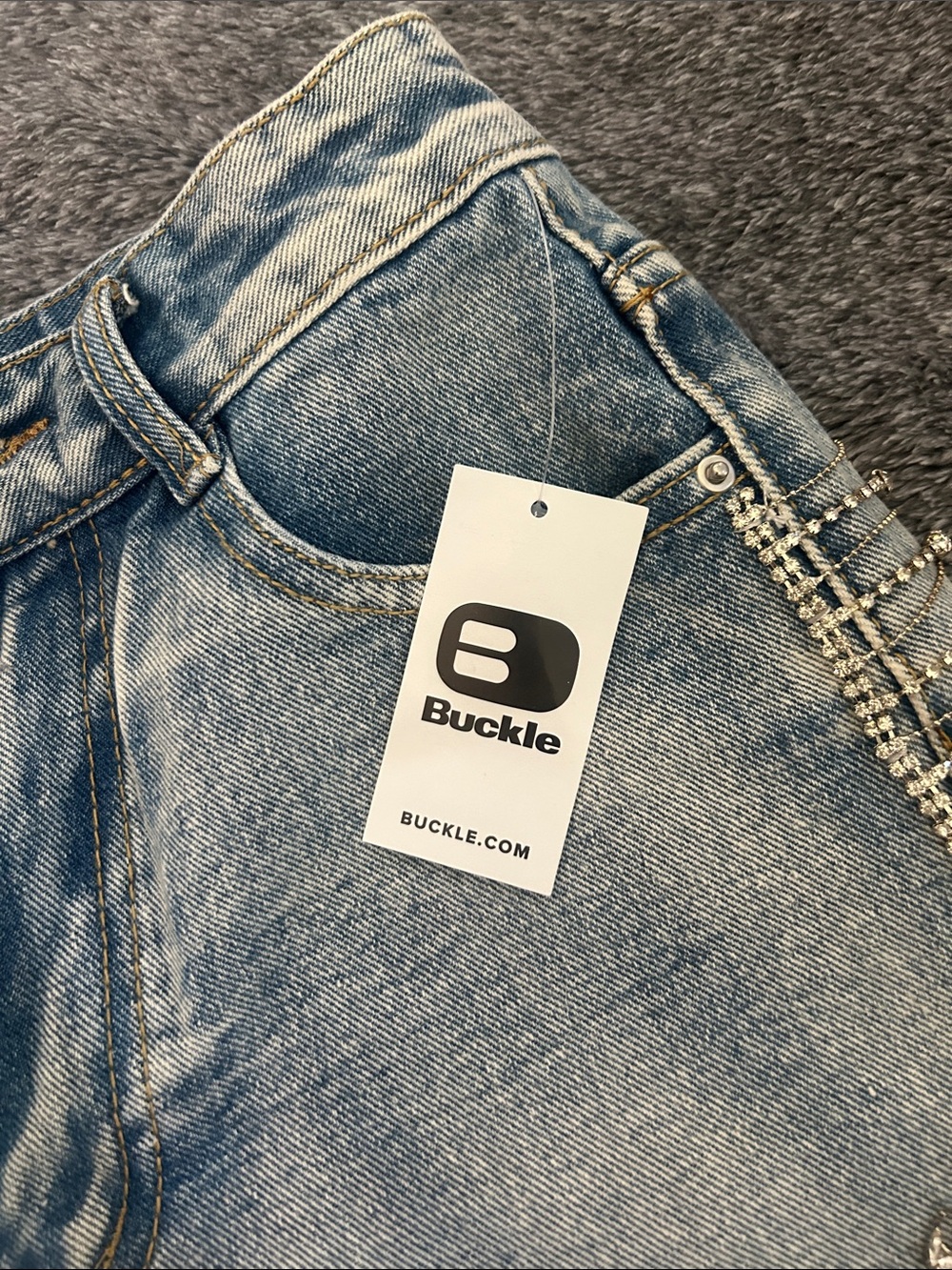 Embellished Light Blue Denim High-Rise Jean Shorts - Picture 4 of 5